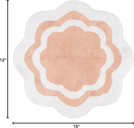 Sherry Kline Bathroom Rug, Water Absorbent Shower Mat, Hand Made Bath Accessories, Machine Washable Rugs, Bath Mat for Decor, Non Slip Floor Mats (32'', White/Baby Pink Center, Scalloped)