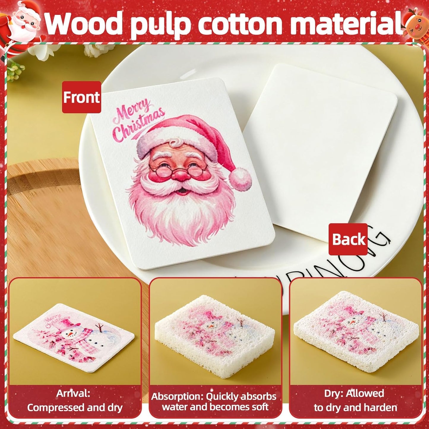 Chengu 12 Pcs Christmas Kitchen Sponges Pink Santa Reindeer Snowman Xmas Tree Water Absorbing Dish Washing Sponge Non Scratch Household Cleaning Scrub Sponges for Holiday Home Kitchen Bathroom