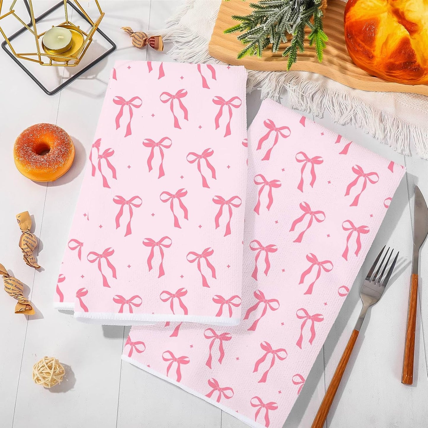 JarThenaAMCS Pink Bow Kitchen Towel Cute Bowknot Dish Towel 18 x 28 Inch Hand Drying Tea Towel for Valentine's Day Bathroom Decor Cooking Baking Party Supplies, 2 Pcs