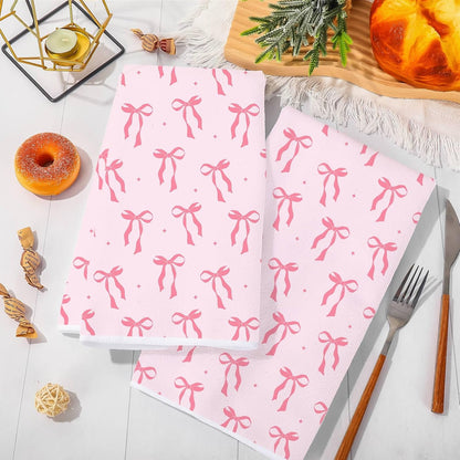 JarThenaAMCS Pink Bow Kitchen Towel Cute Bowknot Dish Towel 18 x 28 Inch Hand Drying Tea Towel for Valentine's Day Bathroom Decor Cooking Baking Party Supplies, 2 Pcs