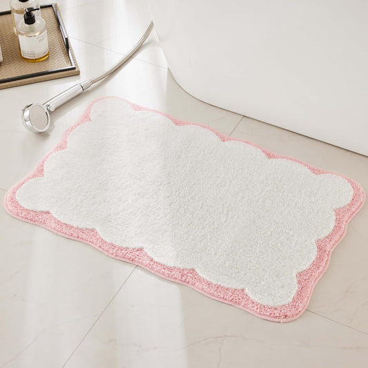 Luxury Microfiber Bathroom Rugs, White Bath Rug with Pink Scalloped Piping Cute Aesthetic Girly Bath Mat for Women's Bathroom, Tub, Floor Carpet, Sink, Shower, Anti Slip, Absorbent, 32x20
