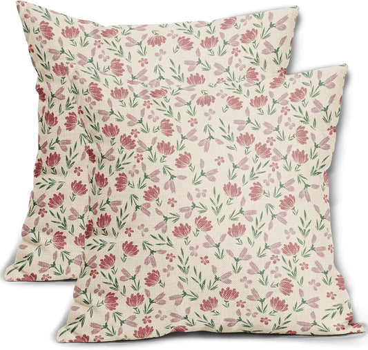 Green Pink Floral Pillow Covers 18x18 Set of 2 Vintage Rustic Old Style Cute Small Flower Print Decorative Outdoor Pillowcases Farmhouse Throw Cushion Case Decor for Couch Sofa Bed