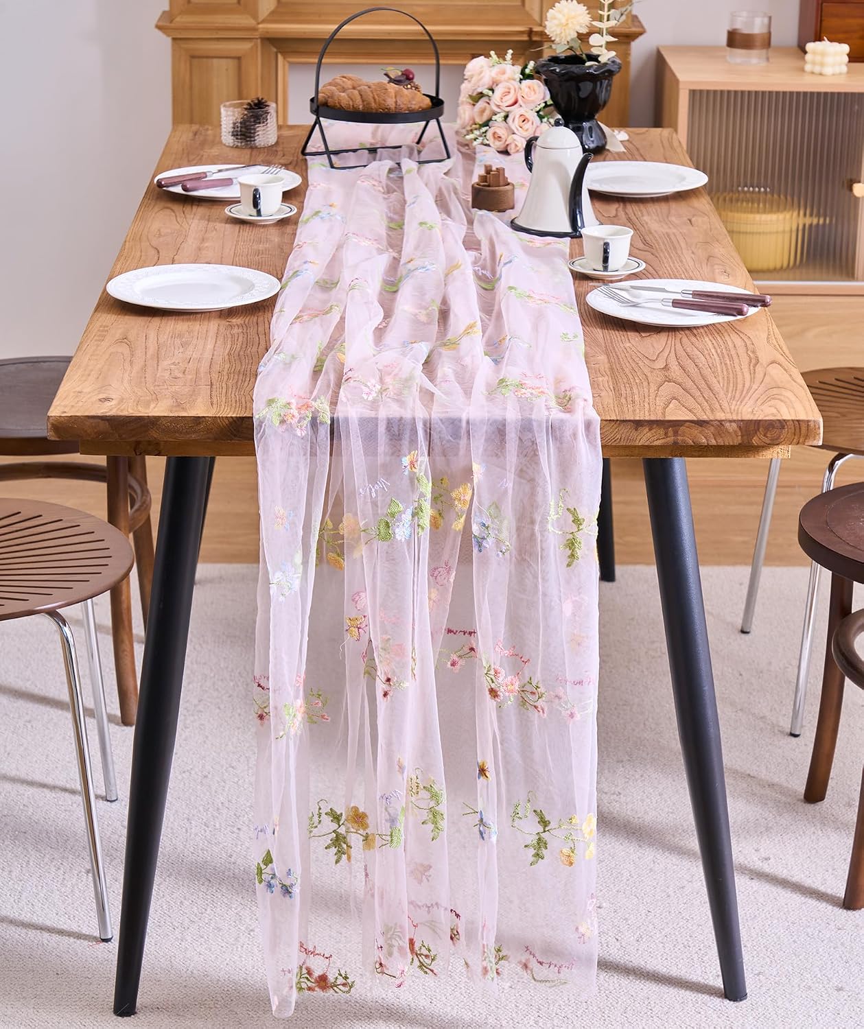 vctops 2 Packs Embroidery Lace Fall Table Runner 10ft Floral Garden Seasonal Tulle Table Runner Holiday Kitchen Dining Table Decoration for Wedding Party Baby Shower Birthday (Pink,30"x120")