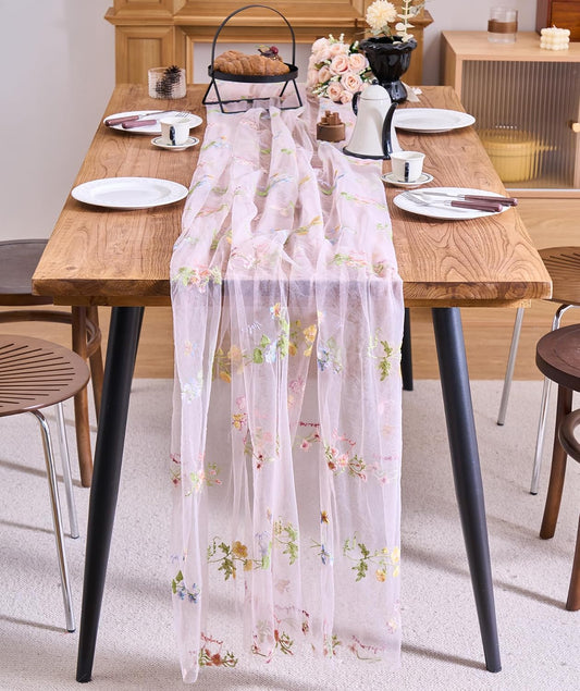 vctops 2 Packs Embroidery Lace Fall Table Runner 10ft Floral Garden Seasonal Tulle Table Runner Holiday Kitchen Dining Table Decoration for Wedding Party Baby Shower Birthday (Pink,30"x120")