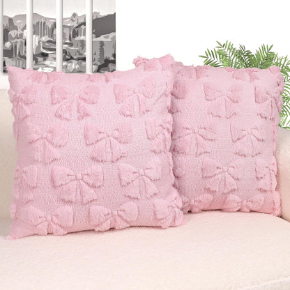 Hongsome Coquette Room Decor-Bow Throw Pillow Covers 18x18in Set of 2,Pink Soft Plush Faux Fur Pillow Case with Bows for Large Couch Sofa Home Indoor Outdoor Holiday Decorations