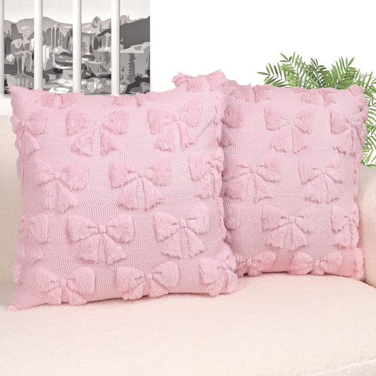 Hongsome Coquette Room Decor-Bow Throw Pillow Covers 18x18in Set of 2,Pink Soft Plush Faux Fur Pillow Case with Bows for Large Couch Sofa Home Indoor Outdoor Holiday Decorations