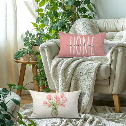 Pillow Covers 18x18 Set of 4 Tulip Home Sweet Home Pink Throw Pillows Decorative Pillow Cases Hello Summer Spring Seasonal Farmhouse Decorations for Sofa Couch