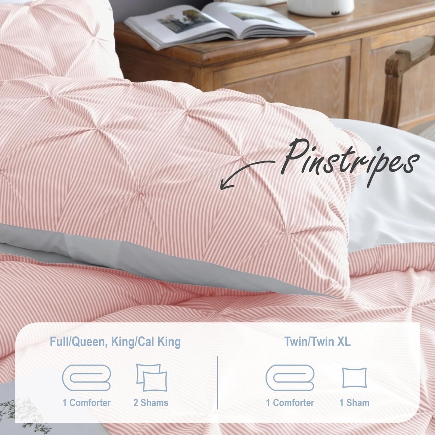 Swift Home Pinstripe Twin/Twin XL Peach Pink Comforter Set - Classic Pintuck Bedding Set - 2 Pieces Bed Linen, 1 Comforter and 1 Pillow Sham