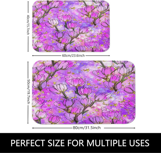 Spring Botanical Quick Dry Bath Mat, Elegant Peach Floral Patterned Absorbent Non-Slip Shower Mat, Memory Foam Washable Bath Rugs for Home Decor 20x32 Inch