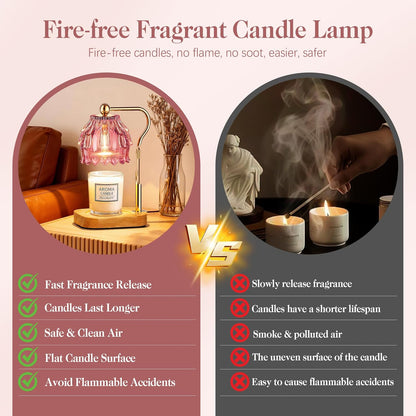 Candle Warmer Lamp with Timer Dimmer, Modern Wax Warmer for Scented Wax Jar Candle Warmer with 2 Bulbs, Adjustable Height Glass Lamp for Gifts for Women, House Warming Gifts, Home Decor, Gold Pink