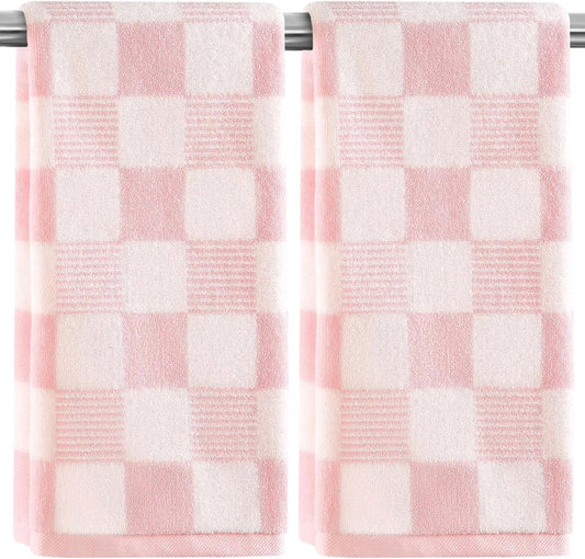 2 Pack Pink and White Hand Towels, Cotton Decorative Bathroom Hand Towels & Checkered Kitchen Decor for Bathroom Face Clean Bath Gym,13.7'' x 29.5''