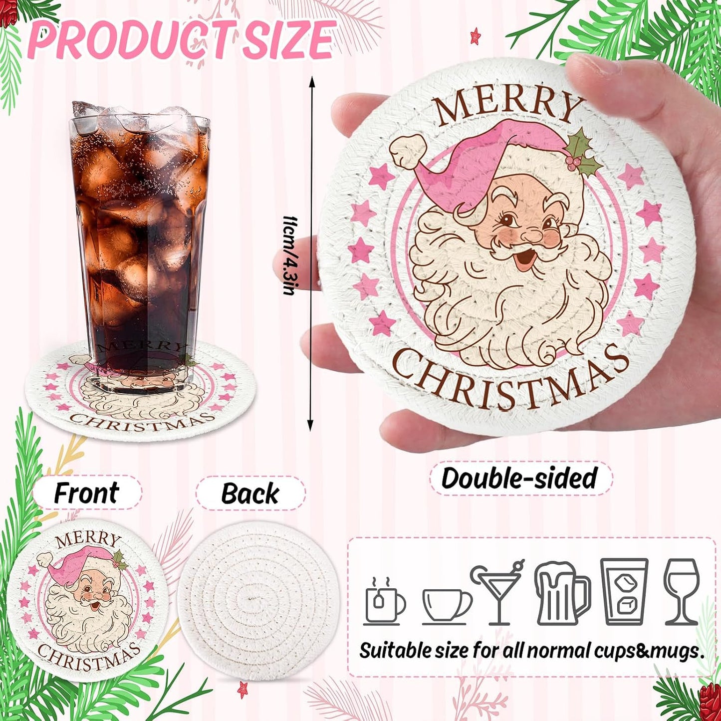 JarThenaAMCS Winter Handmade Braided Cotton Coasters Merry Christmas Pink Santa Xmas Tree Absorbent Drink Coasters for Table Protection Gifts Home Party Decor, Set of 4