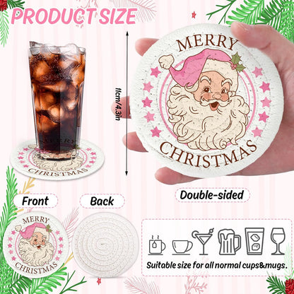 JarThenaAMCS Winter Handmade Braided Cotton Coasters Merry Christmas Pink Santa Xmas Tree Absorbent Drink Coasters for Table Protection Gifts Home Party Decor, Set of 4