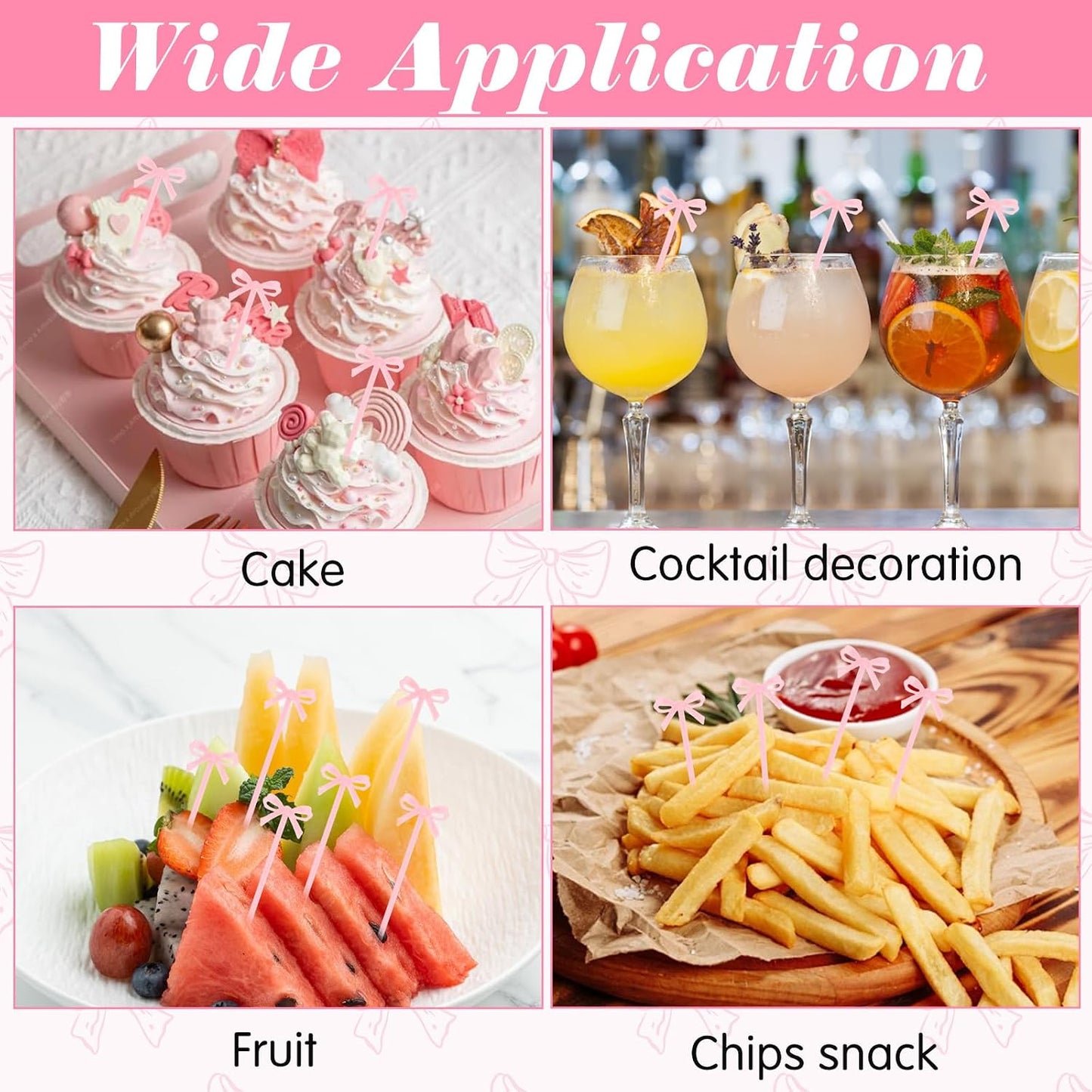 30Pcs Bow Cocktail Picks, Cute Black Fruit Skewers for Party 4 Inch Bow Toothpicks Bowknot Cocktail Appetizer Picks for Birthday Bachelorette Baby Shower Bridal Shower Party Supplies (Pink)