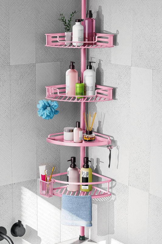 HAMITOR Corner Shower Caddy Tension Pole: Quick Installation 4-Tier Rustproof Bathroom Organizer Shelves for Bathtub Shampoo Storage - 47-121 inch Adjustable Floor Standing Bath Rack Holder - Pink