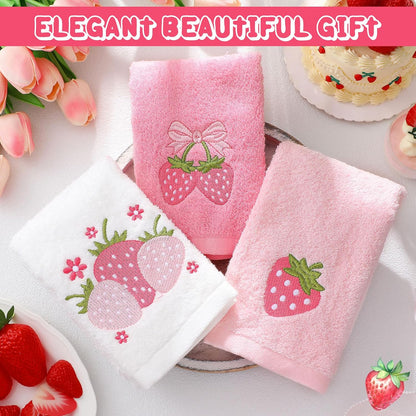 Tingjoo 3 Pcs Strawberry Hand Towels 14x29 Inch Spring Summer Bathroom Decor Farmhouse Pink Strawberry Cotton Embroidered Soft Absorbent Bathroom Decor Towels for Kitchen