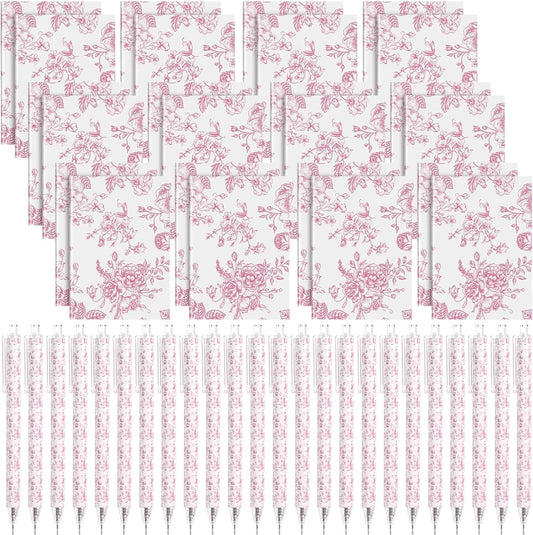 Engrowtic 24 Set Pink and White Floral Mini Notebooks and Ballpoint Pens Chinoiserie Vintage Pocket Notepads Gel Pens Small Journals for Bridal Wedding Baby Shower