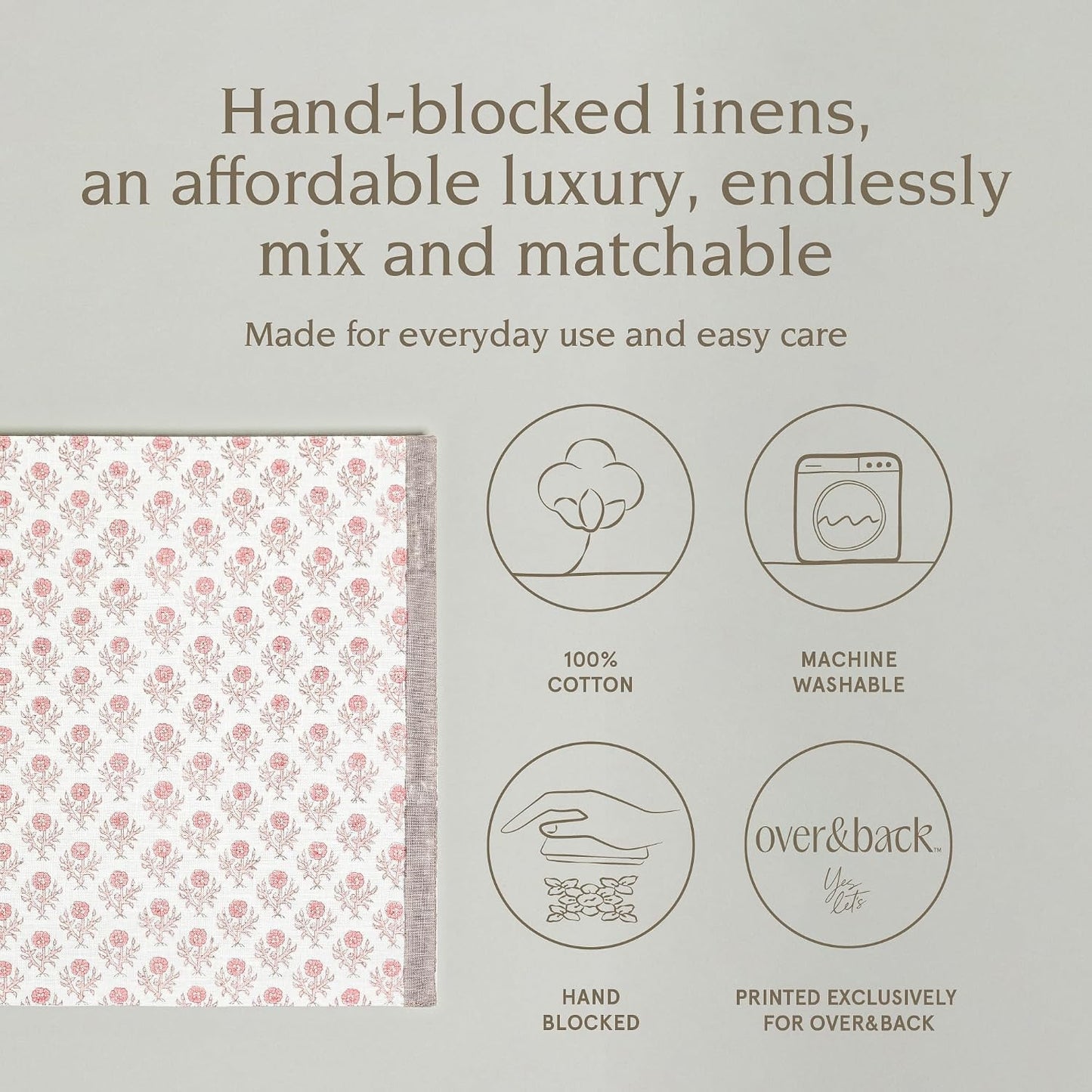 Over&Back Set of 4 Hand-Blocked Placemats - Colorful Dining Table Mat - Each Placemat is Unique - 100% Cotton - Machine Washable - Kitchen and Home Decor - Pink Blossom