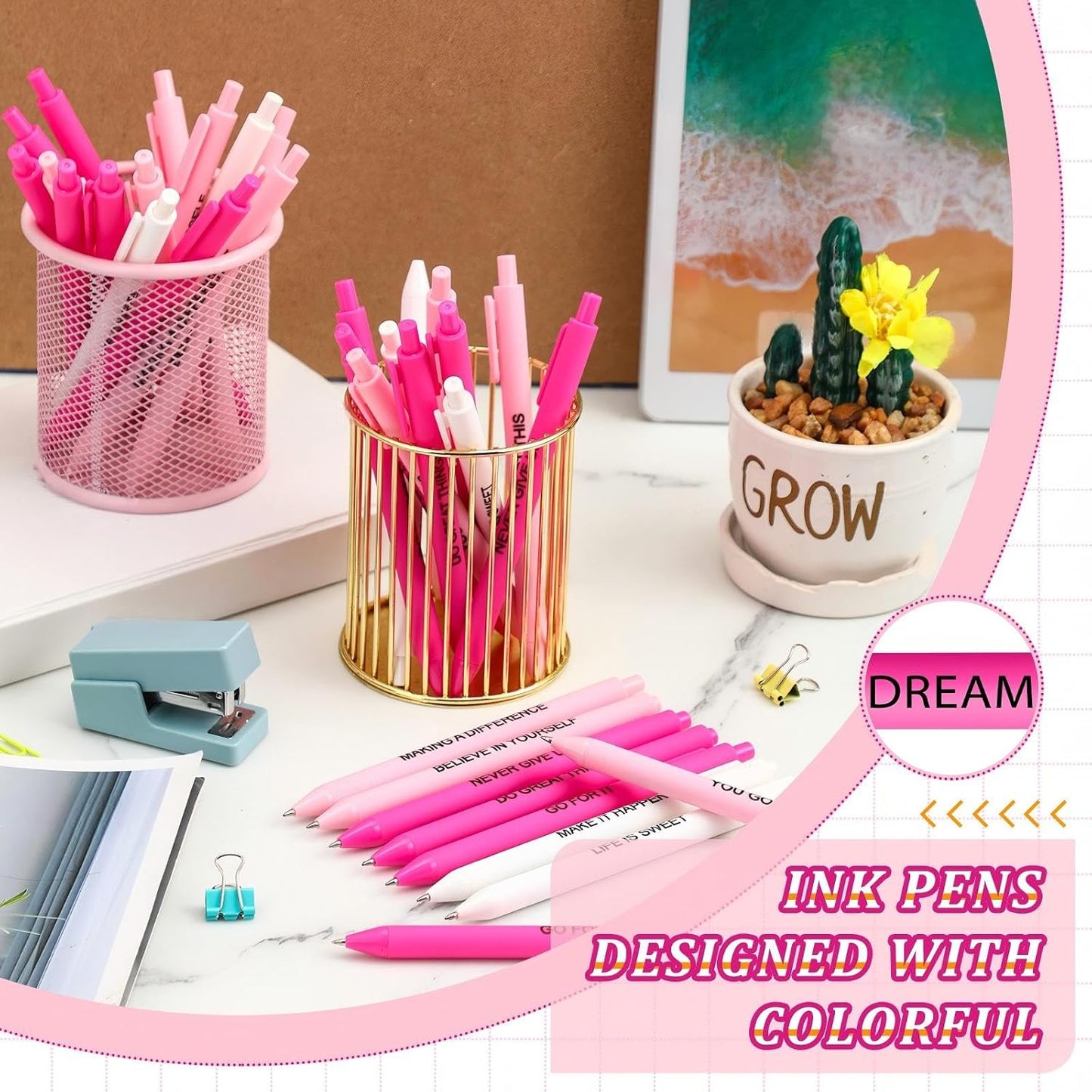 Crtiin 50 Pcs Motivational Gel Ink Pens Bulk with Different Inspirational Quotes Cute Pink Inspirational Ballpoint Pens Bulk Smooth Writing for Thank You Gifts Women Lady Coworkers Staff Volunteer