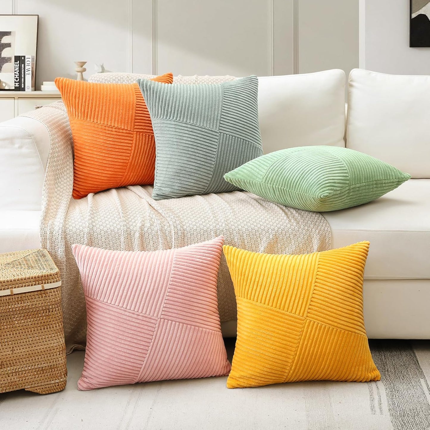 OTOSTAR Set of 1 Decorative Throw Pillow Cover Soft Corduroy Solid Square Pillow Cases Boho Striped Windmill Patchwork Textured Cushion Cover for Sofa Car Bed Living Room 18x18 Inch, Pink