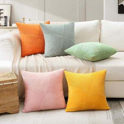 OTOSTAR Set of 1 Decorative Throw Pillow Cover Soft Corduroy Solid Square Pillow Cases Boho Striped Windmill Patchwork Textured Cushion Cover for Sofa Car Bed Living Room 18x18 Inch, Pink