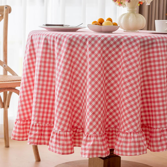 Checkered 100% Washed Cotton Tablecloth 70 Inch Ruffled Gingham Table Cloth Washable Round Fabric Table Cover Retro Farmhouse Kitchen Dining Room Table Decor, Pink, 4-6 Seats