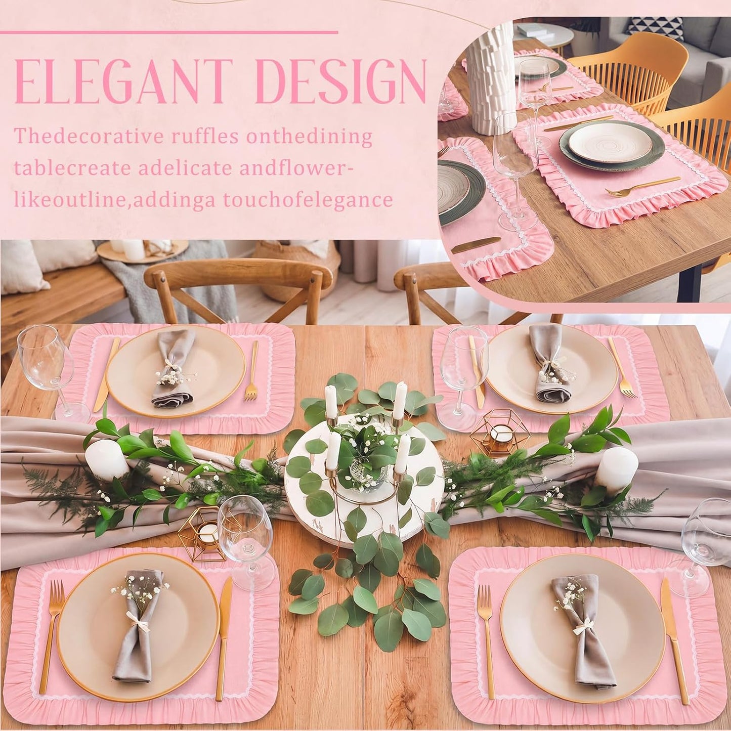 Tegeme Set of 4 Thick Cotton Ruffled Placemats Scalloped Edge Table Mats Washable Machine Flower Place Mats for Wedding Party Kitchen Dining Holiday Birthday Decor(Pink, White,Rectangle Style)