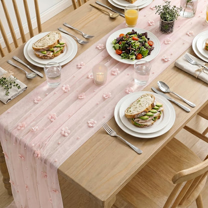 Artoid Mode Pink Flower Pearl Pink Gauze Table Runner 10FT, Seasonal Sheer Dining Holiday Wedding Birthday Baby Shower Table Decor for Home Party