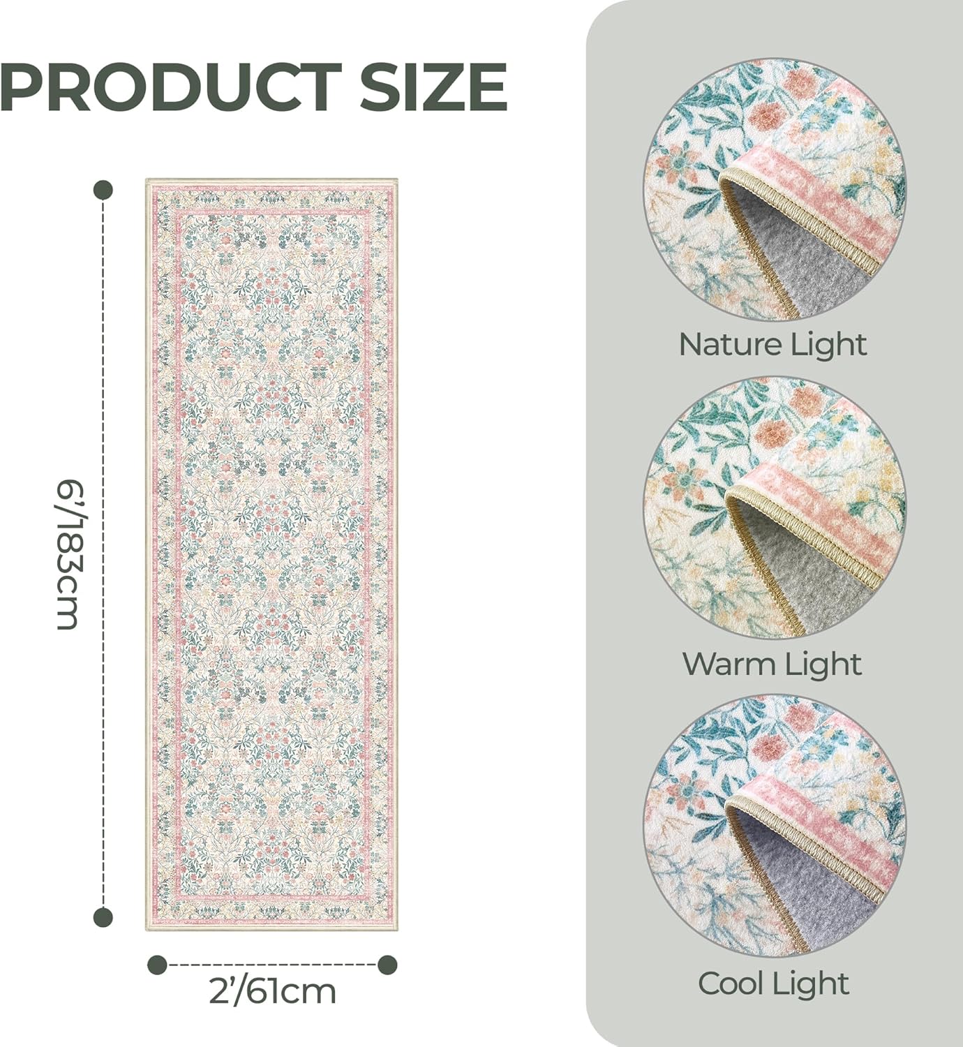 2x6 Runner Rug, Pink Floral Rug for Entryway, Moynesa Washable Kitchen Rugs with Rubber Backing, Thin Soft Botanical Runners for Hallways, Kids Room, Playroom, Nursery(2'x6', Pink)