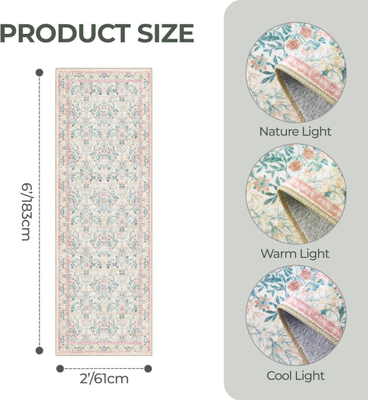 2x6 Runner Rug, Pink Floral Rug for Entryway, Moynesa Washable Kitchen Rugs with Rubber Backing, Thin Soft Botanical Runners for Hallways, Kids Room, Playroom, Nursery(2'x6', Pink)