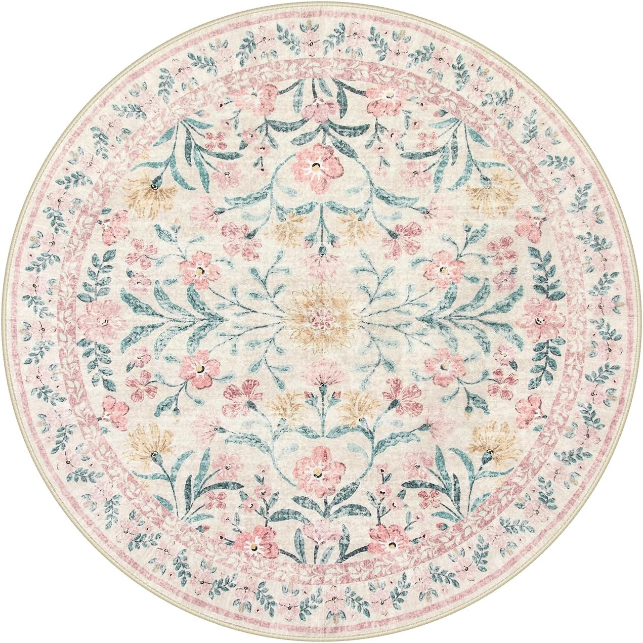Wonnitar Pink Floral Round Rugs 5ft, Soft Circle Rug Non Slip Washable Round Carpet, Boho Non-Shedding Flower Distressed Circle Carpets for Bedroom Girls Room Nursery