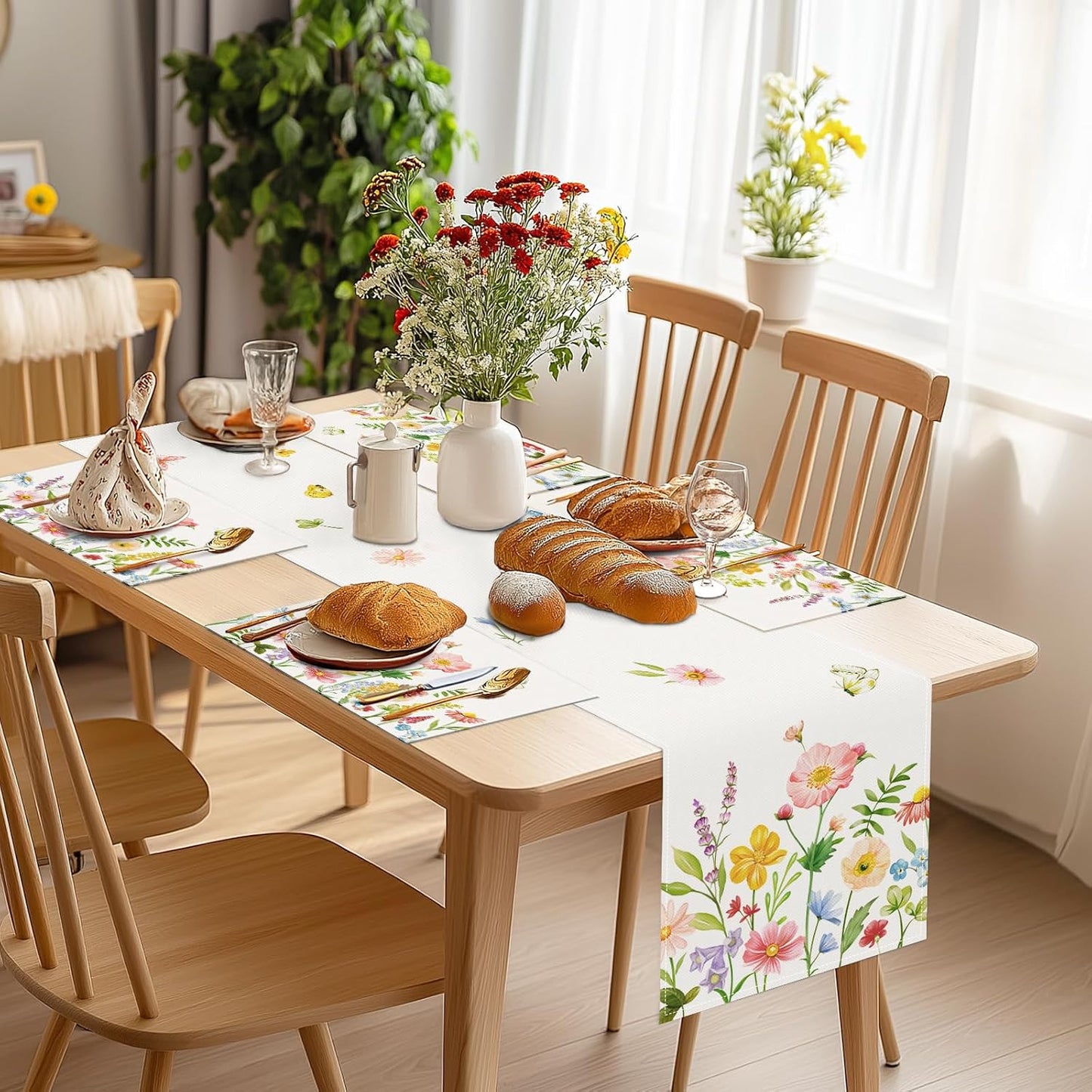 Bonhause Spring Floral Table Runner 13x72 Inch Pink Blue Flowers Green Leaves Butterflies Seasonal Summer Kitchen Dinning Table Decoration for Indoor Outdoor Home Party Decor