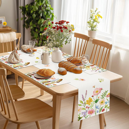 Bonhause Spring Floral Table Runner 13x72 Inch Pink Blue Flowers Green Leaves Butterflies Seasonal Summer Kitchen Dinning Table Decoration for Indoor Outdoor Home Party Decor