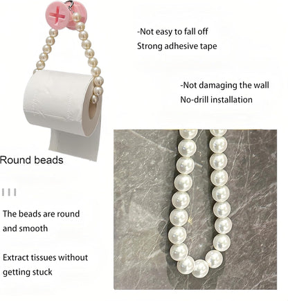 Pearl Bead Chain Wall Toilet Paper Holder, Cute Tissue Rolls Paper Holder Wall Mounted, Punch-Free Multifunctional Toilet Paper Holder, Bathroom Accessories With Self-Adhesive Seamless Pink Screw Hook