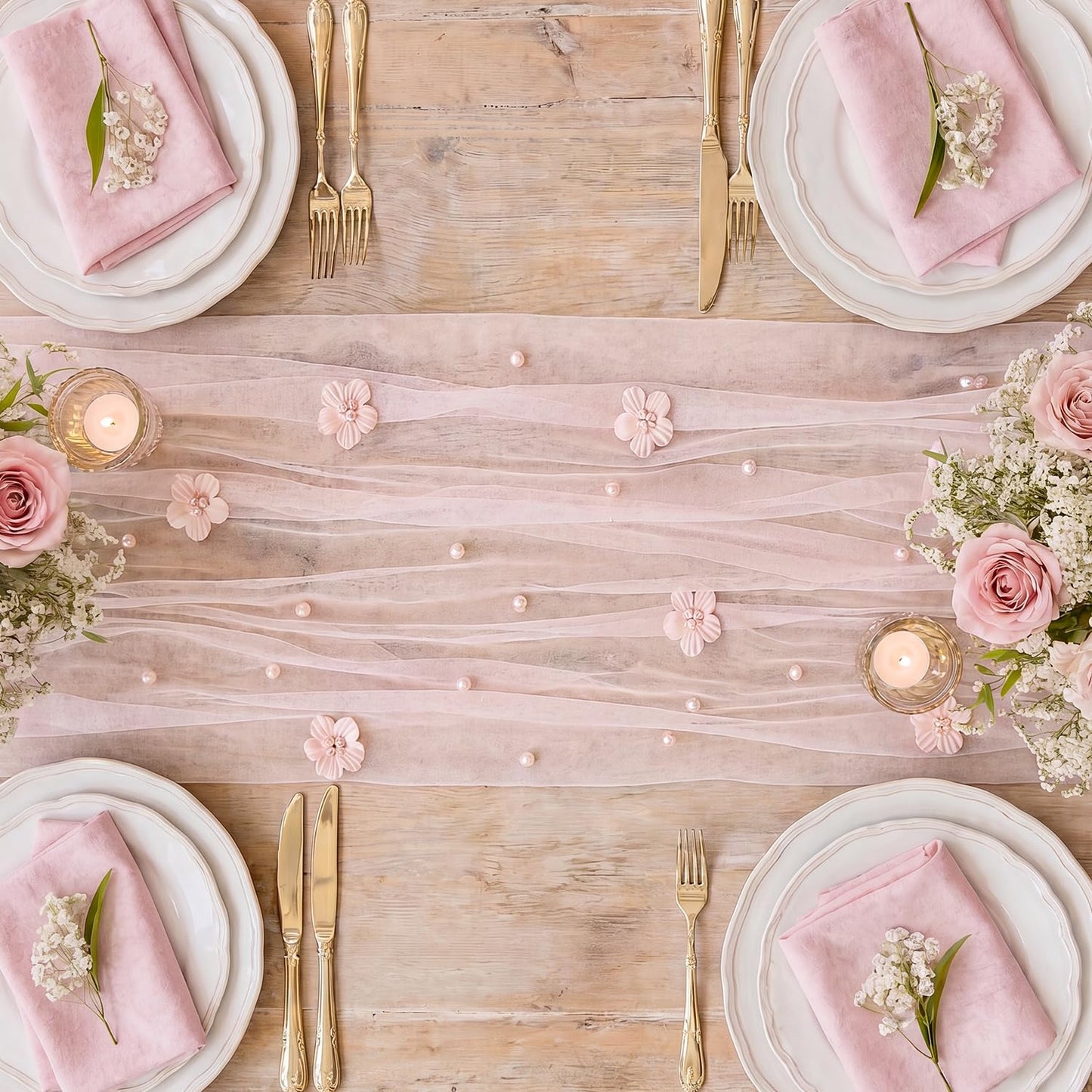 Artoid Mode Pink Flower Pearl Pink Gauze Table Runner 10FT, Seasonal Sheer Dining Holiday Wedding Birthday Baby Shower Table Decor for Home Party