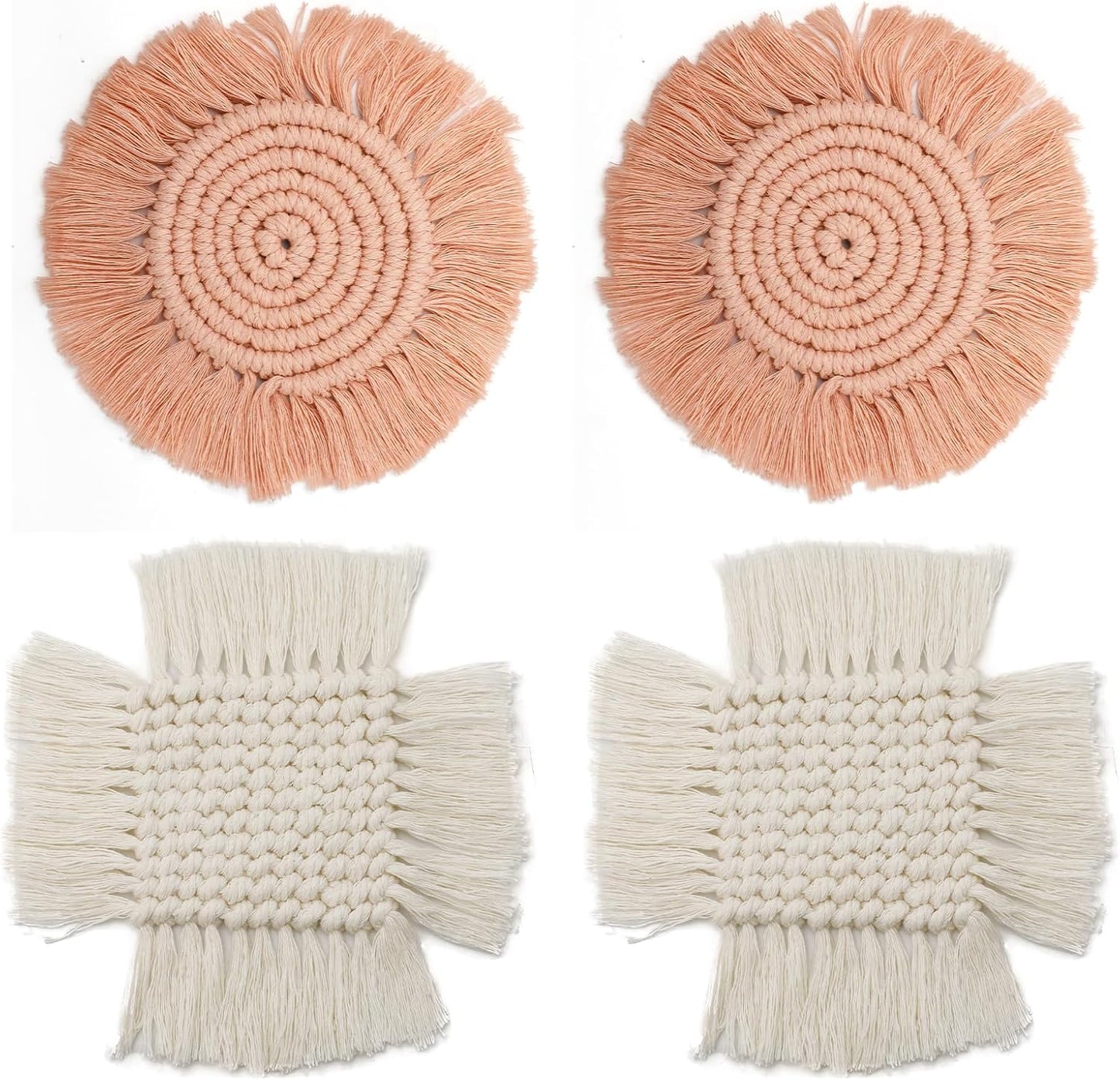 4 PCS Handmade Boho Coaster, 100% Cotton Woven Macrame Absorbent Coasters for Drinks, Heat Resistant Cotton Coasters for Coffee Table, Desk Kitchen Dining Room, Housewarming Gift (White & Pink)