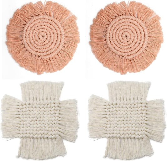 4 PCS Handmade Boho Coaster, 100% Cotton Woven Macrame Absorbent Coasters for Drinks, Heat Resistant Cotton Coasters for Coffee Table, Desk Kitchen Dining Room, Housewarming Gift (White & Pink)