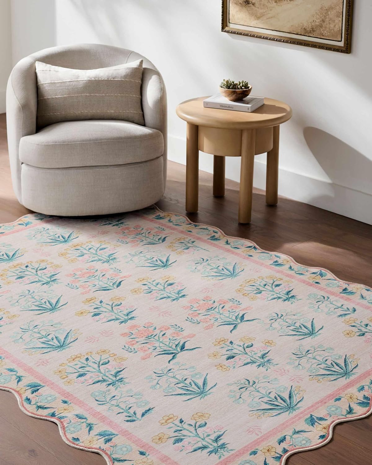 Hauteloom Lexine Machine Washable Area Rug - Floral Flower Botanical Scalloped Border - Contemporary Traditional Indian Modern Transitional - Blush, Green, Gold, Cream, Pink - 3'6" x 5'6"