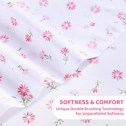 Mooreeke Cozy Vintage Microfiber Printed Floral Queen Sheet Set - Soft & Breathable Pink Daisy Bed Sheets with Extra Deep Pocket - Non-Slip Fitted Design - Daisy Pattern - Queen