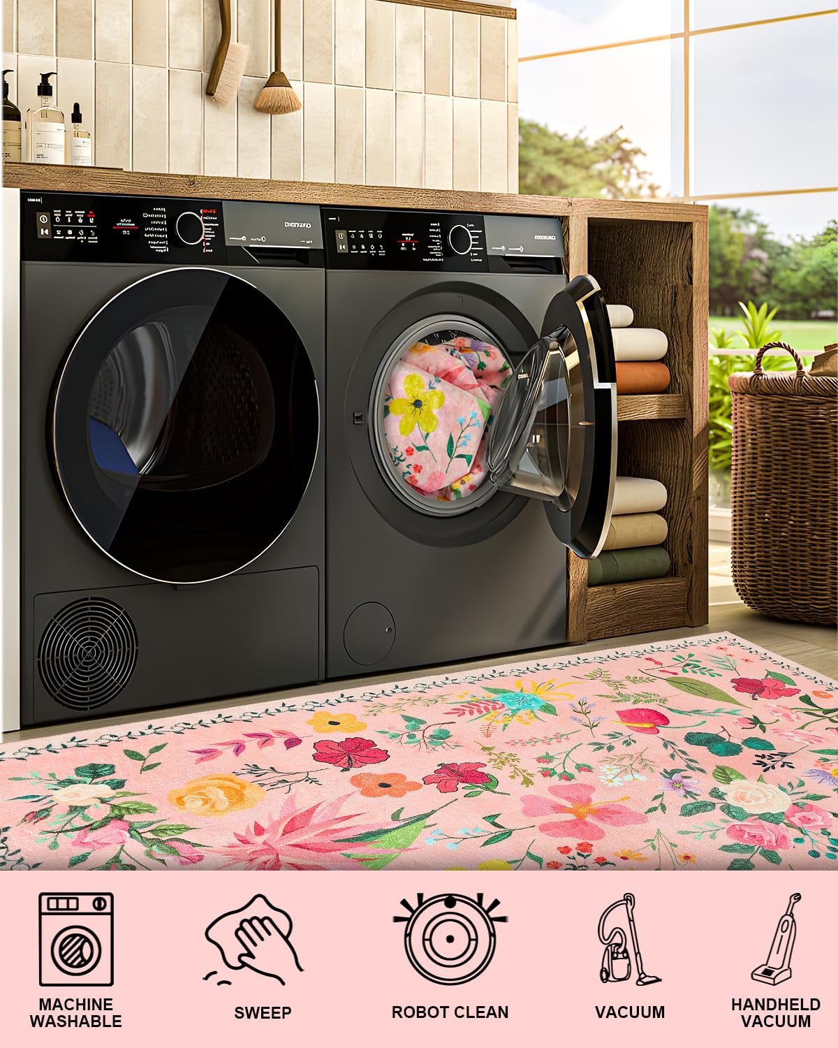 CRYPTOLITE Boho Washable Area Rug 5x7 – Floral Low Pile Non-Slip Carpet for Living Room, Bedroom, Office, Playroom, Entryway, Kitchen, Dining Room (Pink)