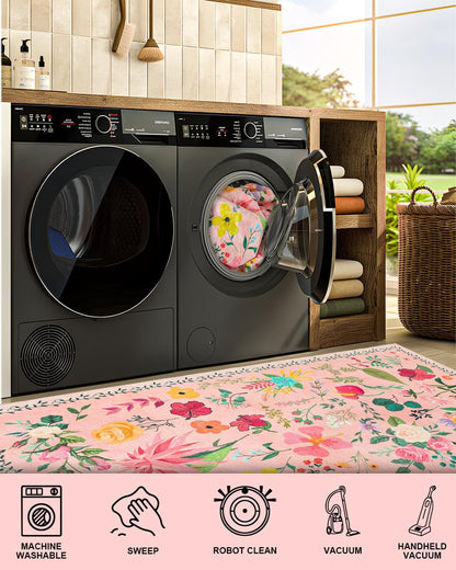 CRYPTOLITE Boho Washable Area Rug 5x7 – Floral Low Pile Non-Slip Carpet for Living Room, Bedroom, Office, Playroom, Entryway, Kitchen, Dining Room (Pink)