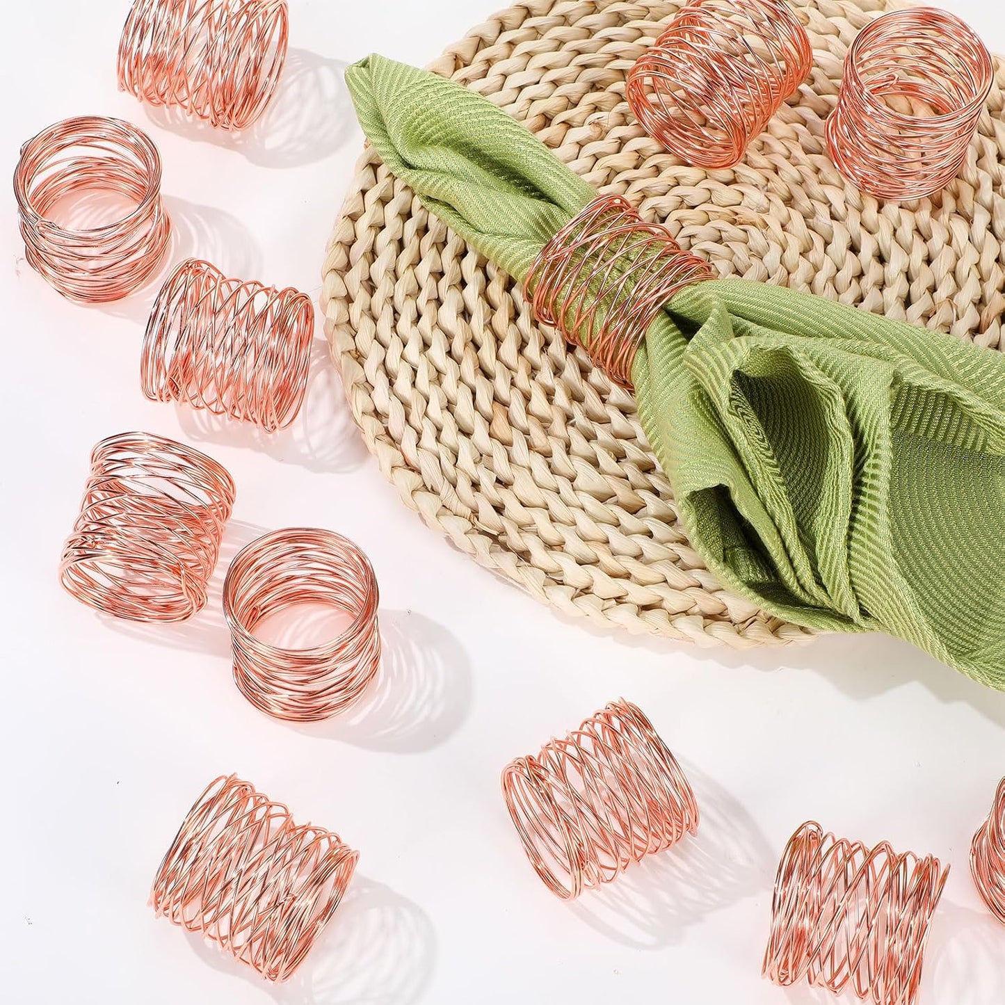 12 Pieces Napkin Rings Holders Handmade Round Mesh Heavy Duty Metal Napkin Rings Holder for Dinner Decoration Dining Table Parties Wedding Christmas (Rose Gold)