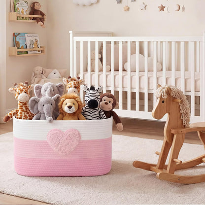 Pink Extra Large Blanket Basket 65L Love Rectangle Woven Storage Basket with Handle for Storing Dirty Clothes Stuffed Animal Toy Storage for Living Room Bathroom 22" x 15" x 12"