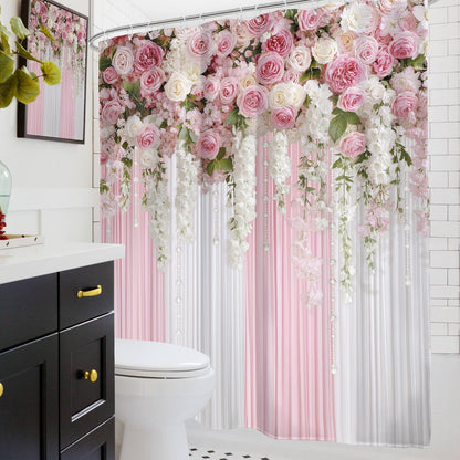 Glawry Pink Floral Shower Curtain,Girly Romantic Spring Blossom Flowers Bathroom Curtains, Girl Women Pink Roses Shower Curtain Set 60Wx72L Inches Bath Accessories Decor Fabric 12 Hooks
