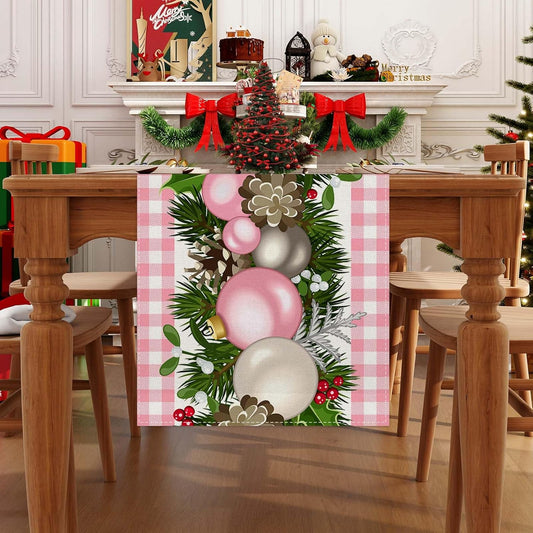 Jiudungs Linen Pink and White Buffalo Check Plaid Christmas Table Runner 72 Inches Long Farmhouse Winter Christmas Xmas Holiday Home Kitchen Table Decorations