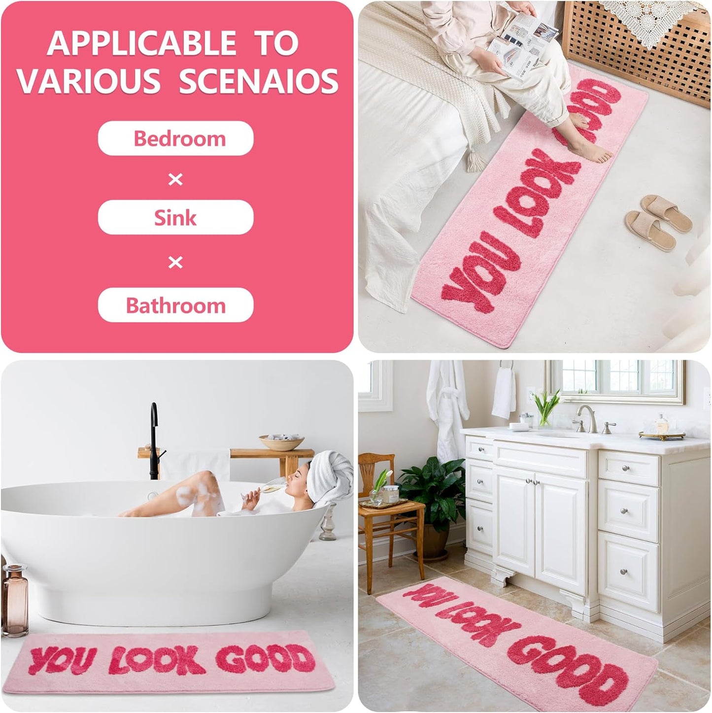 You Look Good Bathroom Rug, Hot Pink, 20''x60'' Soft Plush, Super Water Absorbent, Non-Slip Backing, Easy Cleaning, Vibrant Decor
