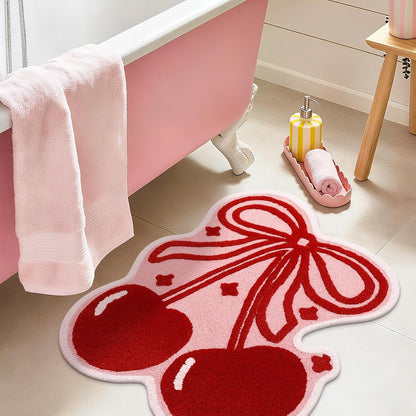 Nuanchu Bow and Cherry Bathroom Rug Bathroom Decor 40 x 34'' Cute Fruit Shaped Pink Bath Rug Soft Non Slip Absorbent Machine Washable Bath Mat for College Student Dorm Bedroom Living Room Home Decor