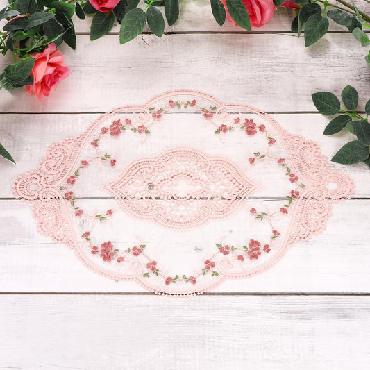 uxcell 3 Pcs Lace Placemats, 12x17-in Vintage Table Doilies Oval Embroidered Crochet Lace Dolly Cup Mat for Table Vase Home Decor, Pink