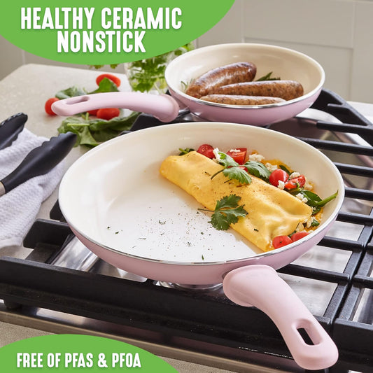 GreenLife Soft Grip Healthy Ceramic Nonstick, 8" 10" and 12" Frying Pan Skillet Set, PFAS-Free, Dishwasher Safe, Soft Pink