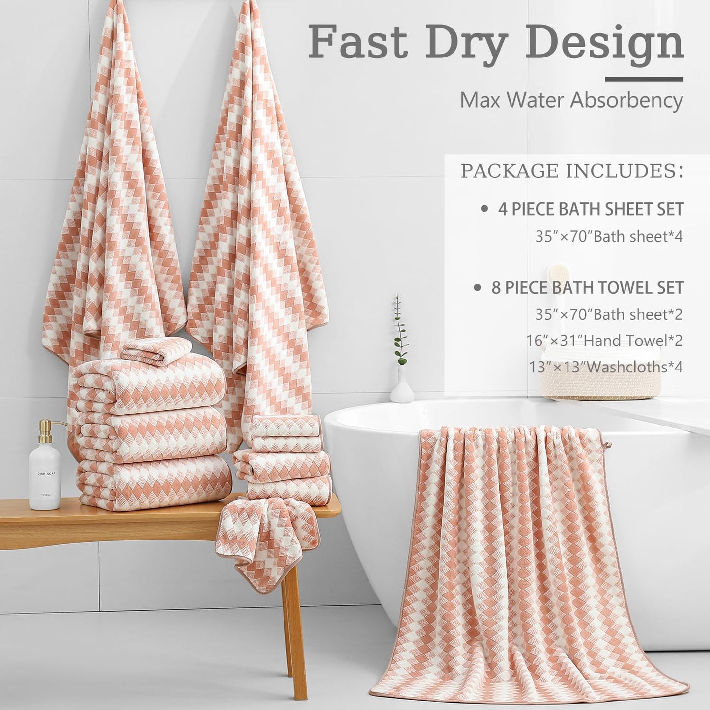8 Piece Bathroom Towel Set |2 Oversized Bath Towels,2 Hand Towels,4 Washcloths| 600GSM Soft Hotel Towel Set Extra Large Bath Sheet for Bathroom,Highly Absorbent Quick Dry Bath Towel Collections,Peach